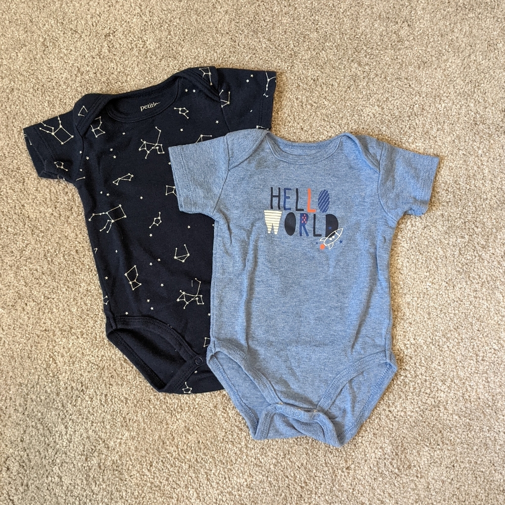 Petit Lem Baby Boy- 6 Month- Short sleeve Onesie- pack of 2- spaceship rockets